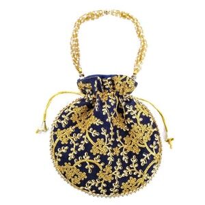 Vintage Handmade Clutch Handbag Evening Navy Gold Embroidered Beaded Tie Bag